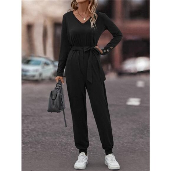 V-Neck Long Sleeve Tie Waist Jumpsuit - Picture 7 of 7